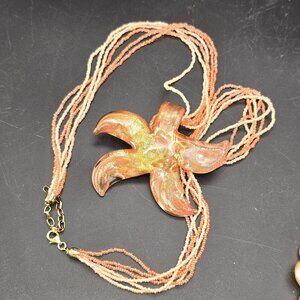 Glass Starfish Pendant Necklace Coral Seed Beaded Multistring DH1390